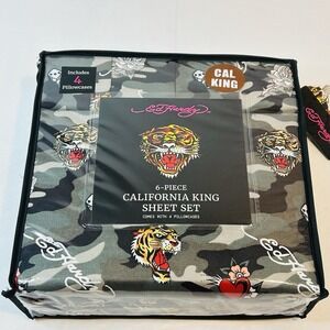 Ed Hardy 6 Piece California King Sheet Set 4 Pillowcases Poly Black Camo Tiger